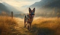 Morning Patrol Photo of guide dog a majestic German Shepherd patrolling a grassy meadow at sunrise with the majestic mountain