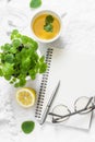 Morning planning inspiration and melissa lemon green tea. Blank notepad, cup of tea, melissa flower pot on a white background, top Royalty Free Stock Photo