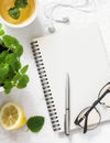 Morning planning inspiration and melissa lemon green tea. Blank notepad, cup of tea, melissa flower pot on a white background, top Royalty Free Stock Photo