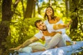 Morning play between young couple in bed. Royalty Free Stock Photo