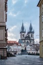 Morning postcard view of empty Old Town Square with Church of Our Lady, Tyn Church,Prague, Czech Republic. Beautiful city centre Royalty Free Stock Photo