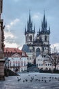 Morning postcard view of empty Old Town Square with Church of Our Lady, Tyn Church,Prague, Czech Republic. Beautiful city centre Royalty Free Stock Photo