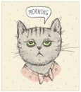 Morning quote card with tired sleepy cat , graphic illustration