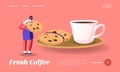 Morning Refreshment Landing Page Template. Tiny Female Character Eating Huge Cookie with Chocolate Sprinkles with Coffee Royalty Free Stock Photo