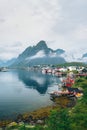 Morning Reine in the fog. Beauty of Lofoten islands, Norway