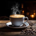 Morning ritual Coffee cup on wooden table with dark background