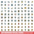 100 morning ritual icons set, color line style