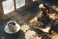 morning ritual with a vintage grinder, fresh coffee beans, and an antique cup under warm sunlight Royalty Free Stock Photo