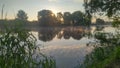 Morning on the river. A light mist and rays of sunshine through the foliage. Tall grass and trees grow along the banks and are ref Royalty Free Stock Photo