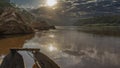 Morning on the river. A wooden homemade canoe is moored.