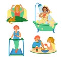 Morning routine illustration set Girl and cat wake up, woman doing exercises on treadmill, take a shower, young couple