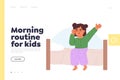 Morning routine for kids concept of landing page with small girl waking up stretching on bed in bedroom Royalty Free Stock Photo