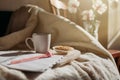 Morning routine, Miracle Morning, new day concept. Best ritual and habits. Cup of coffee, whole grain cookies, open notepad on