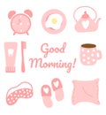 Morning routine set, morning time. Home textiles and breakfast icons