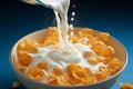 Morning routine Top view of corn flakes with pouring milk