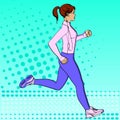 Sport girl jogging pop art retro raster illustration. Comic book style imitation. In sports clothes with headphones and