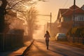 Morning run. Woman jogging in suburban area at sunrise, promoting active lifestyle and fitness.