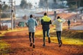 Morning running training. in Kenya. Marathon runners on red soil train in the light of the rising sun. Motivation to move.