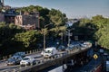 Morning rush hour jam on the streets of Manhattan. Traffic in America. A lot of cars on the road.