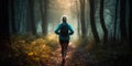 Morning Rush Woman Trail Running through Sunlit Forest Trail. Generative AI Royalty Free Stock Photo