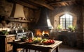 Morning in an rustic Italian kitchen with a lit fireplace