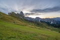 Morning\'s golden embrace over Seceda, Dolomites, Italy, a breathtaking sunrise paints the peaks and valleys