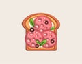 Morning sandwich 3D illustration Healthy meal with toast, fresh vegetables and sauce, pepperoni