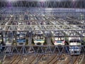 Morning scene of rolling stock yard or railyard or carbarn near Karakida station of Odakyu Line, Toky