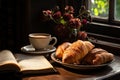 Morning Scene: Steaming Coffee, Open Book, Croissant Fresh in the Soft Morning Light., generative IA