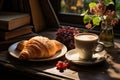 Morning Scene: Steaming Coffee, Open Book, Croissant Fresh in the Soft Morning Light., generative IA