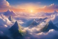 morning scene unfolds with captivating beauty, featuring mountain peaks poking out of the clouds as the sun rises