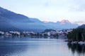 Morning scenery of beautiful Lake St. Moritz, a popular resort in Engadine, Switzerland, with sunrise glow on majestic Alpine moun Royalty Free Stock Photo