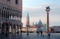Morning scenery of St Mark`s Square Piazza San Marco in Venice, with Lion of Venice