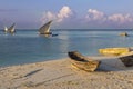 Morning seascape with sailing boats. Coast of Zanzibar Royalty Free Stock Photo