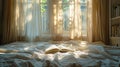 Morning Serenity: A Book Resting on White Linen Bedding, Bathed in Gentle Sunlight Through Curtains Royalty Free Stock Photo