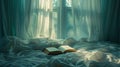 Morning Serenity: A Book Resting on White Linen Bedding, Bathed in Gentle Sunlight Through Curtains Royalty Free Stock Photo