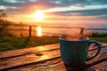 Morning serenity Coffee mug on wood, embraced by sunrise and nature