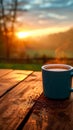 Morning serenity Coffee mug on wood, embraced by sunrise and nature