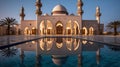 Morning Serenity: A Mosque Pool Reflecting Ramadans Holiness and Moons Radiance