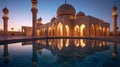 Morning Serenity: A Mosque Pool Reflecting Ramadans Holiness and Moons Radiance