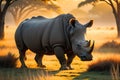 Morning Serenity: Rhino Strolling Through Grasslands at Dawn with Golden Sunlight and Elongated Shadows