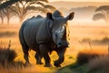 Morning Serenity: Rhino Strolling Through Grasslands at Dawn with Golden Sunlight and Elongated Shadows
