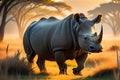 Morning Serenity: Rhino Strolling Through Grasslands at Dawn with Golden Sunlight and Elongated Shadows