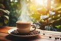 Morning serenity steaming cup of coffee on table with blurred background and ample text space