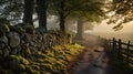 Morning Serenity: Stone Path And Wall On English Moors