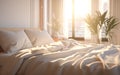 Morning Serenity Sunlit White Bed in Illuminated Bedroom Scene, AI