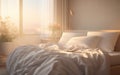Morning Serenity Sunlit White Bed in Illuminated Bedroom Scene, AI