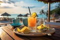 Morning serenity wooden table, fresh juice, tropical resort, sea view