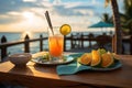 Morning serenity wooden table, fresh juice, tropical resort, sea view