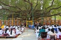 Morning sermon in front of Bodhi Palanka, located under the Bodhi Tree where Gautama Buddha attained Enlightenment